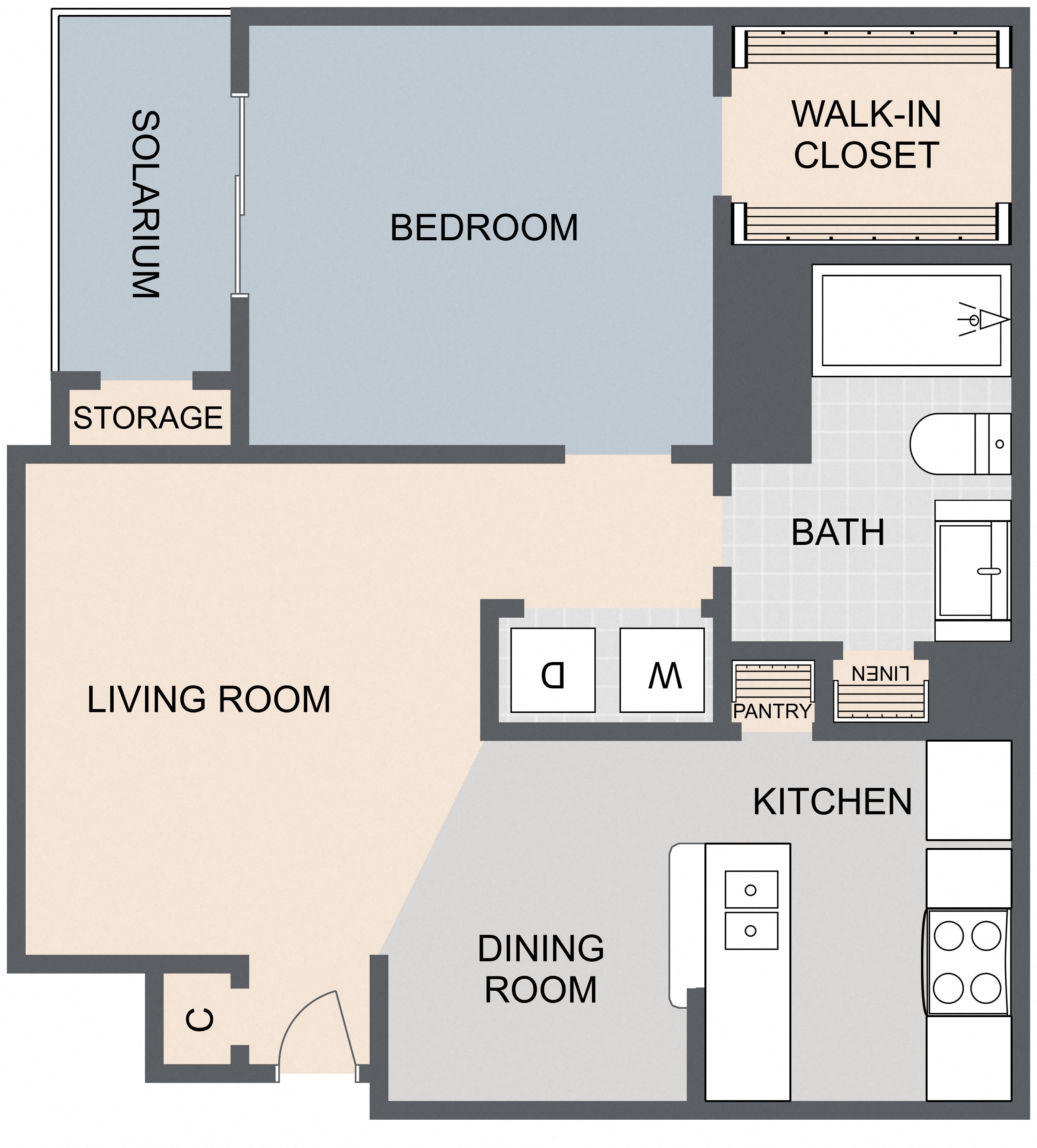 Floor plan for 1 bed, 1 bath, 726 sqft